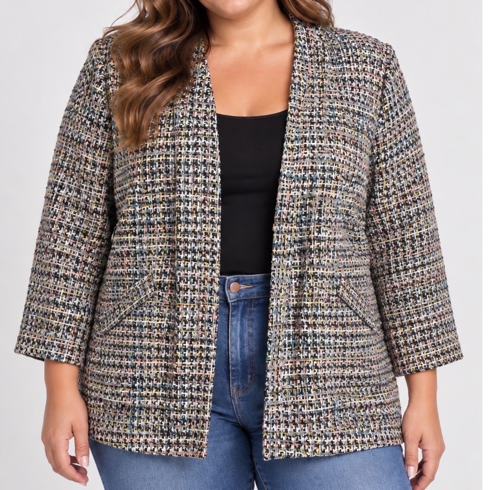Plus Size 16W Boucle Tweed Blazer Black White Multicolor Open Front Art To Wear